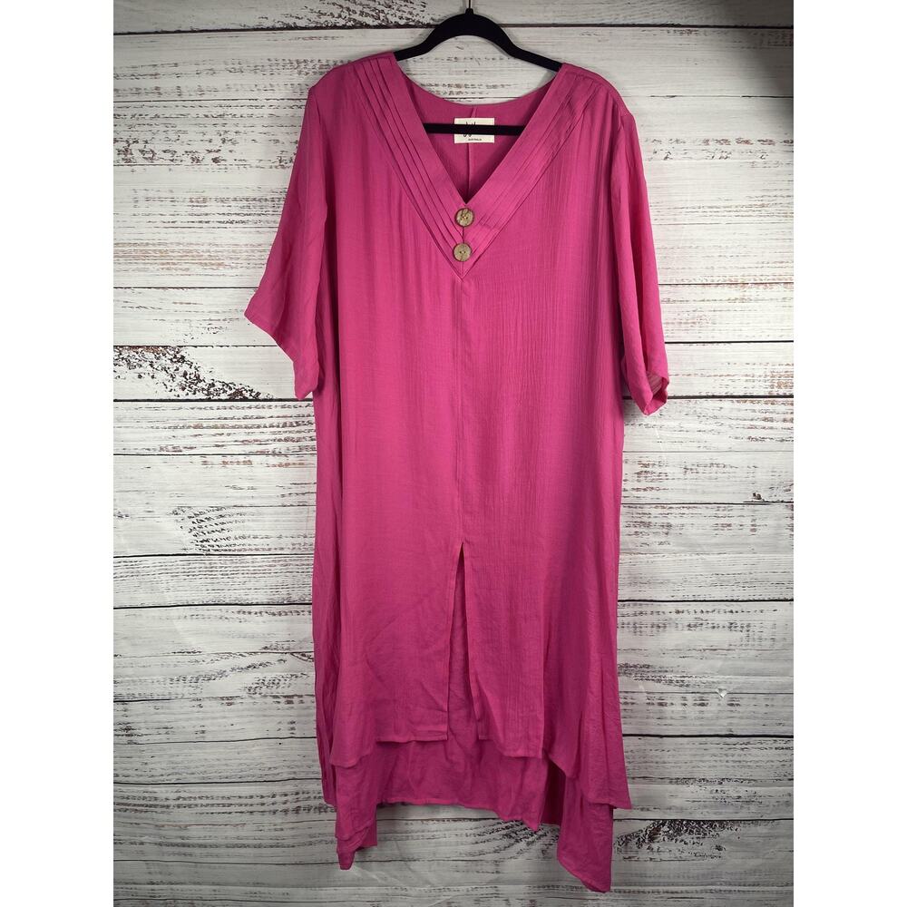 La Mode Australia 22 US18 Pink V Neck Cotton Blend Short Sleeve Asymetrical Hem